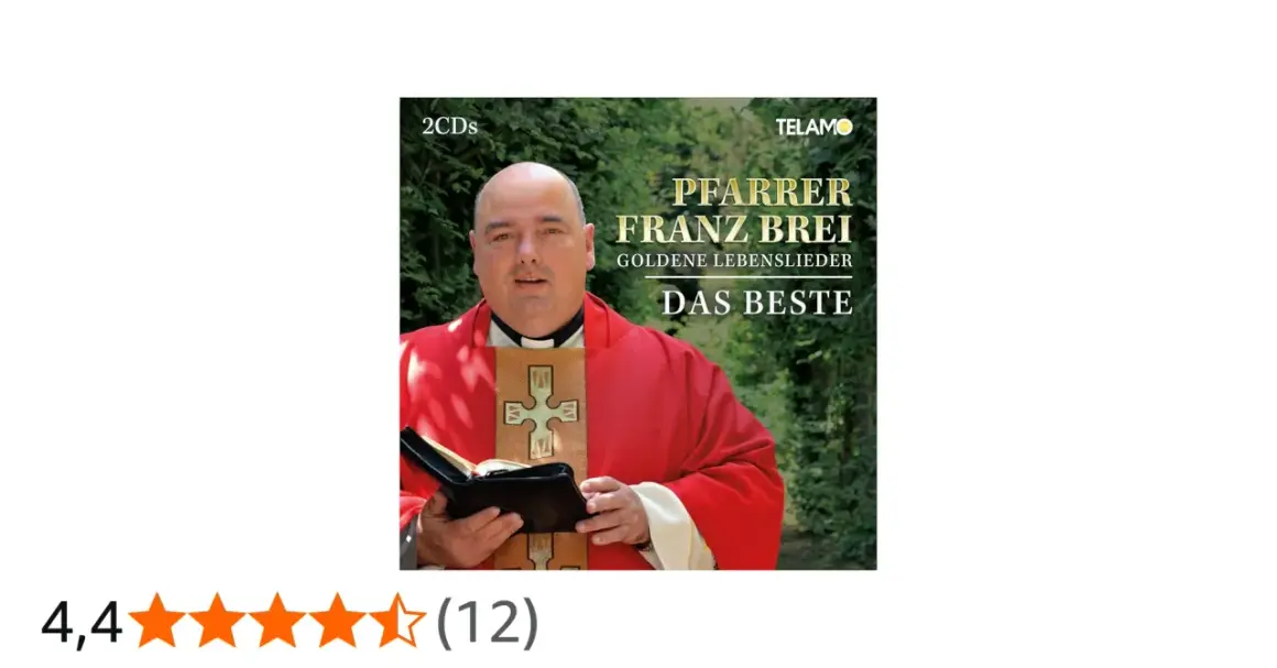 Pfarrer Franz Brei hält ein Buch, trägt eine rote Stola. Das Album "Goldene Lebenslieder - Das Beste" wird beworben.