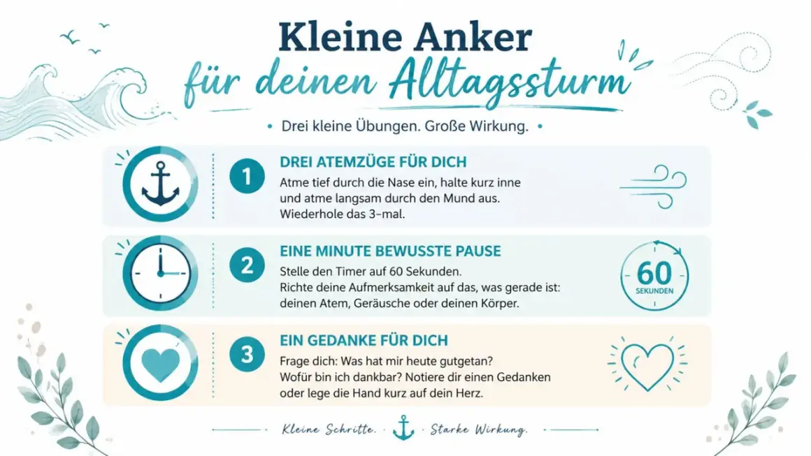 Kleine Übungen für den Alltag: Atemzüge, bewusste Pause, Dankbarkeit. So kannst du zu dir selbst finden und Stärke gewinnen.