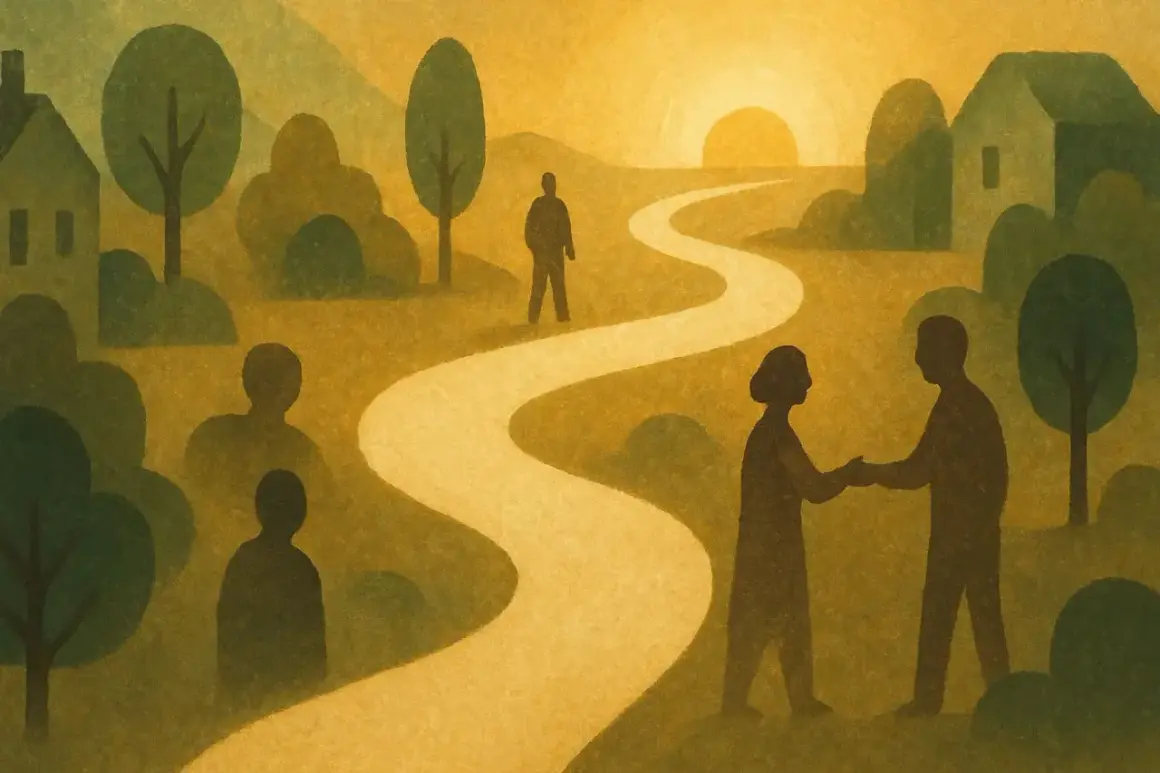 Silhouetten von Menschen auf einem gewundenen Weg im warmen Licht des Sonnenuntergangs. Ein Symbol für das **buddhismus leben** und die Reise des Geistes.