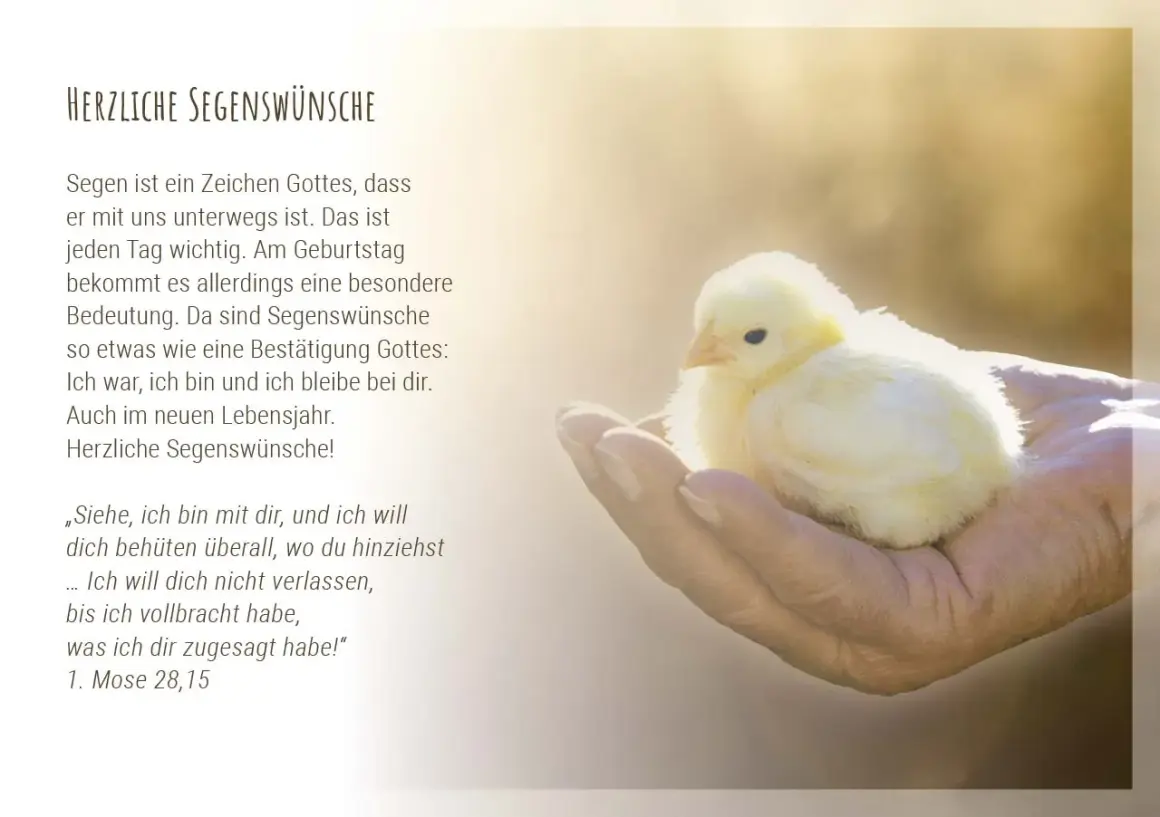 Ein Küken ruht in einer Hand, während Segenswünsche zum Geburtstag einer Frau zum Ausdruck gebracht werden. Gottes Segen zum Geburtstag!