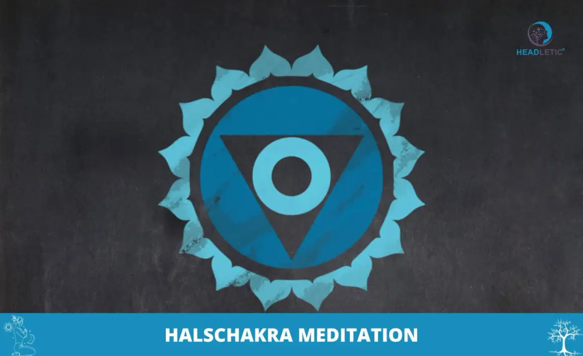Blaues Halschakra-Symbol mit indischen Mantras für Meditation.