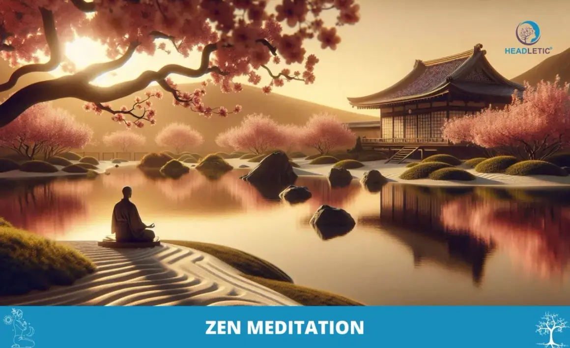 Eine Person praktiziert Zazen Meditation an einem ruhigen Teich mit Kirschblütenbäumen und einem traditionellen japanischen Gebäude.