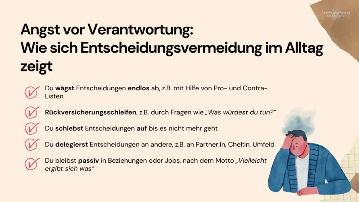 Angst vor Verantwortung: Entscheidungsvermeidung zeigt sich im endlosen Abwägen, Aufschieben oder Delegieren. Ein Mann mit rauchendem Kopf symbolisiert diese Last.