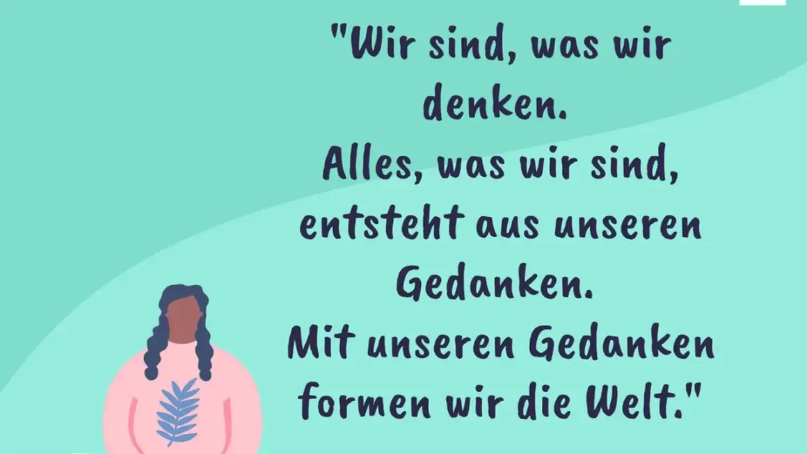 Illustration mit inspirierenden Zitaten über Selbstbewusstsein. Eine Person mit geflochtenen Haaren trägt einen Pullover mit Blattmuster.
