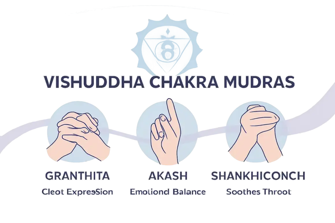 Vishuddha Chakra Mudras: Granthita (Cleot Expression), Akash (Emotional Balance), Shankhiconch (Soothes Throat). Hilft, die Chakren zu aktivieren.