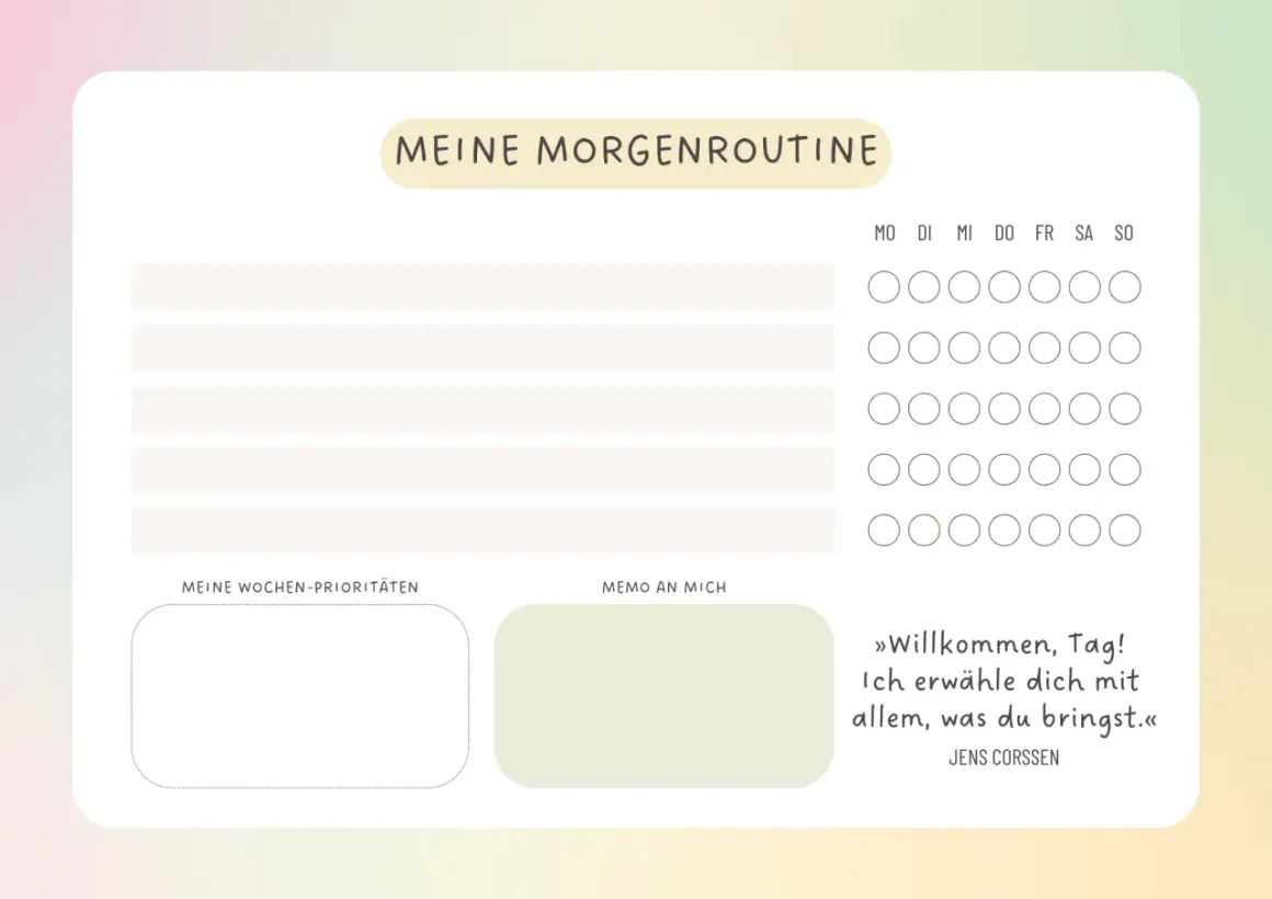 Planer für die morgendliche Routine mit Platz für tägliche Aufgaben, Wochenprioritäten und einem inspirierenden Zitat.