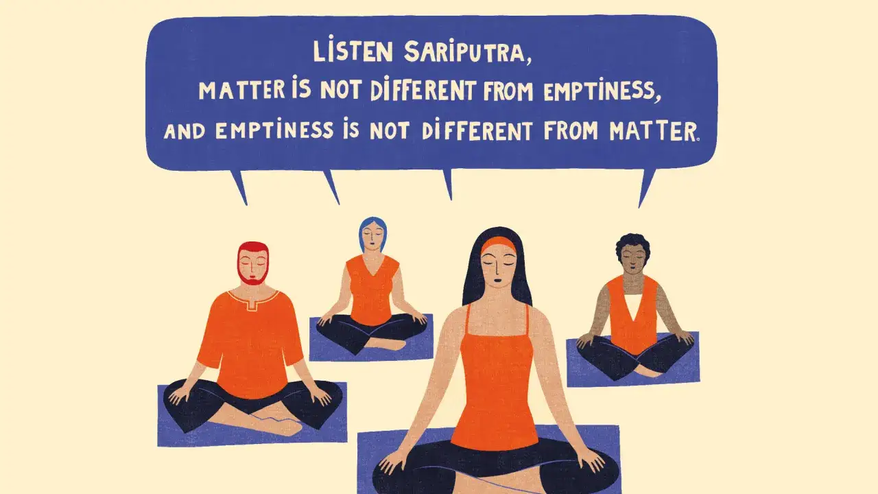 Vier Personen meditieren, w&auml;hrend eine Sprechblase buddhistische Mantras mit der Botschaft 
