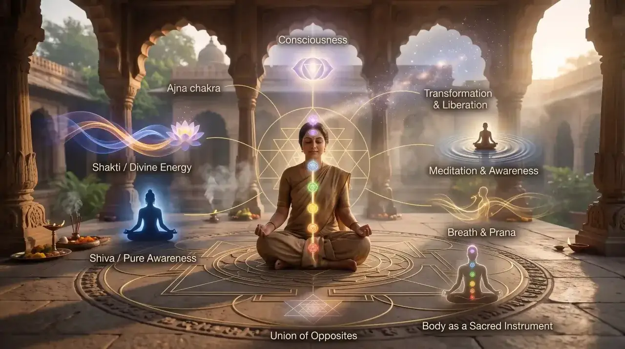 Eine Frau meditiert, um zu verstehen, was Tantra ist: Verbindung von Bewusstsein, Energie und dem Körper als heiliges Instrument.