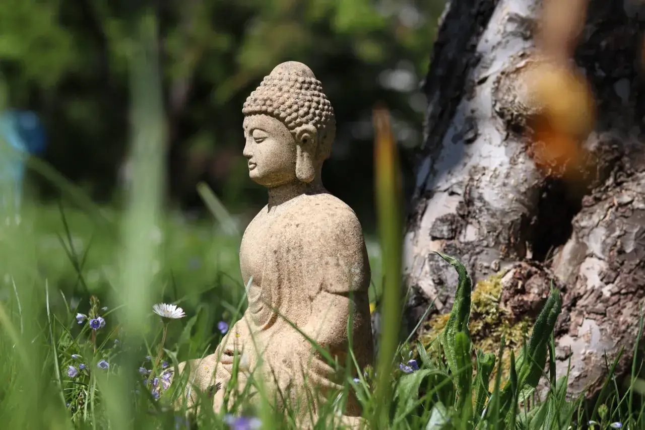 Meditierender Buddha im Gras, ein Symbol f&uuml;r spirituelle Ausbildungen und innere Ruhe.