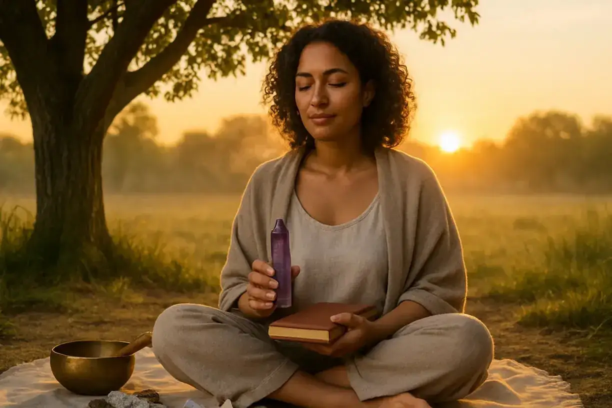 Frau meditiert im Sonnenaufgang mit Kristall und Buch. M&ouml;gliche spirituelles erwachen symptome werden hier erforscht.