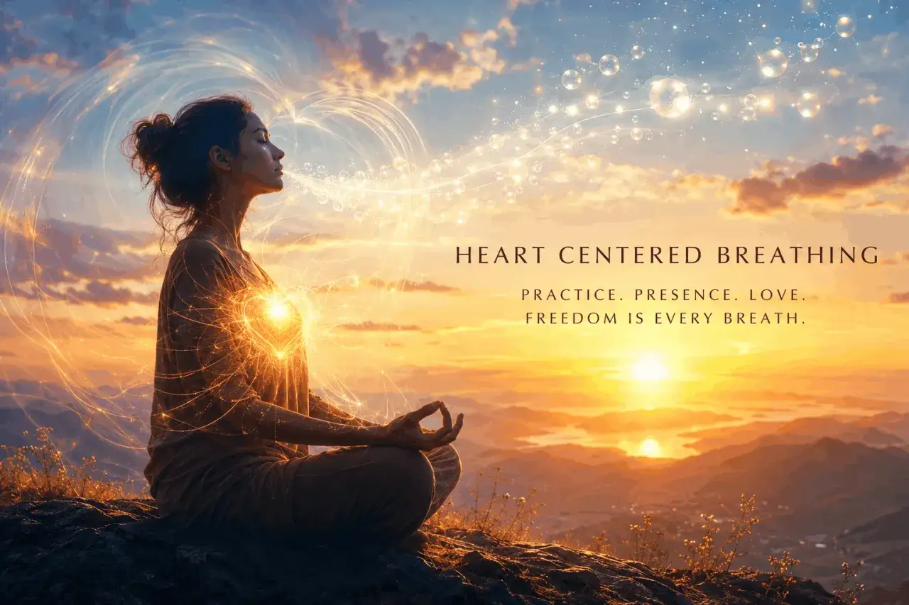 Frau in Meditation bei Sonnenuntergang, Herz-Energie strahlt. Herz-Meditation f&uuml;r Freiheit und Pr&auml;senz.