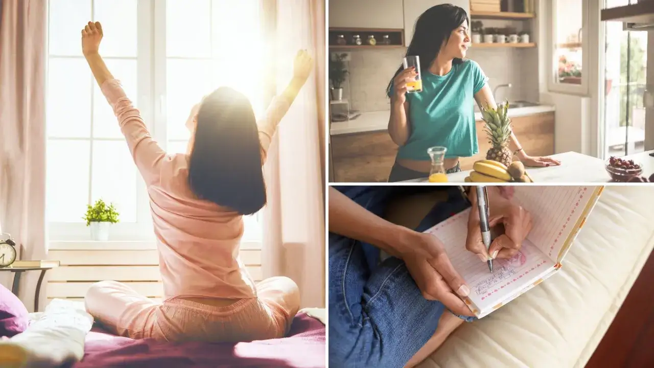 Frauen genie&szlig;en ihre morgendliche Routine: Strecken im Bett, Trinken von Saft in der K&uuml;che und Schreiben in ein Tagebuch.