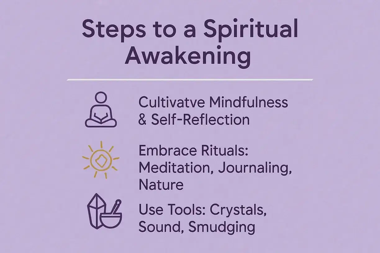 Schritte zum spirituellen Erwachen: Achtsamkeit kultivieren, Rituale (Meditation, Journaling, Natur) umarmen und Werkzeuge (Kristalle, Klang, R&auml;uchern) nutzen. Dies kann bei spirituellen Erwachen Symptomen helfen.
