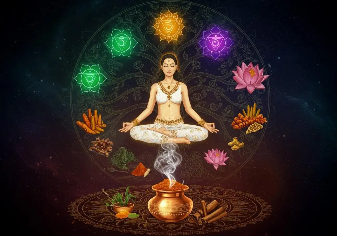 Frau in Lotussitz meditiert, umgeben von Chakren und Kr&auml;utern. Dies ist eine visuelle Definition von Yoga als Weg zur Harmonie.