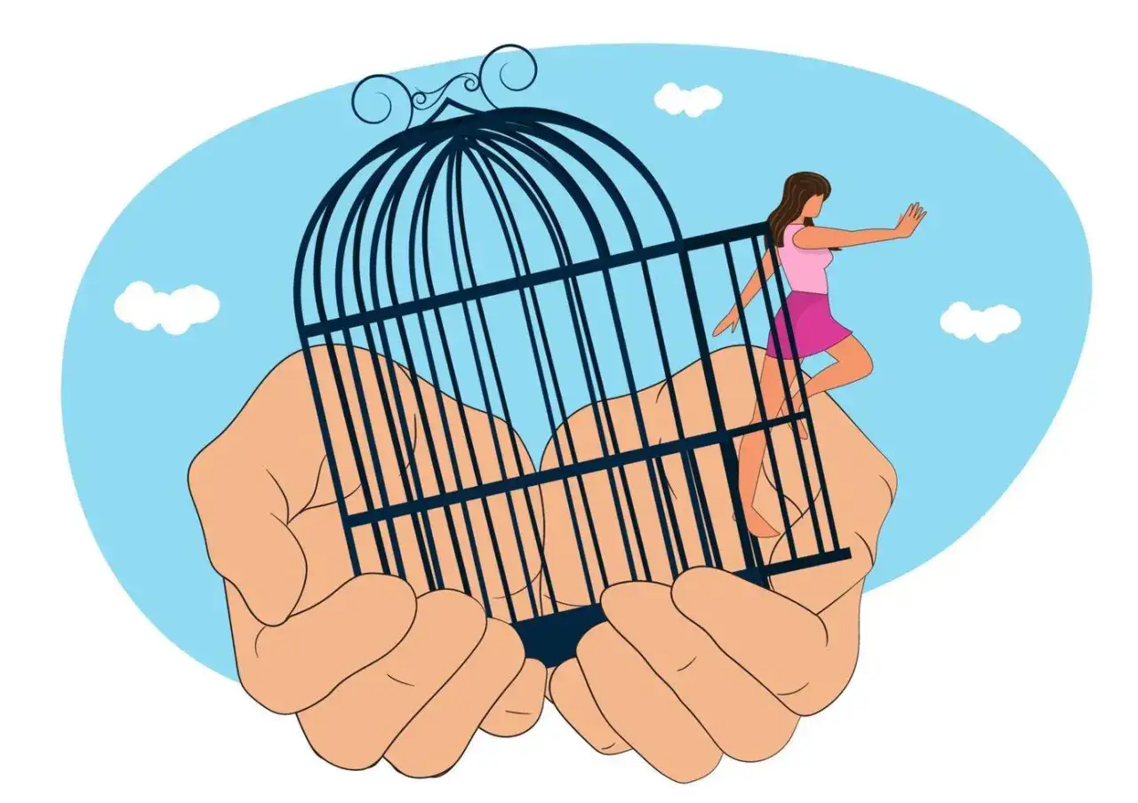 Frauenfigur entkommt K&auml;fig, gehalten von H&auml;nden. &Uuml;berwindet die Angst, abgelehnt zu werden, und strebt nach Freiheit.