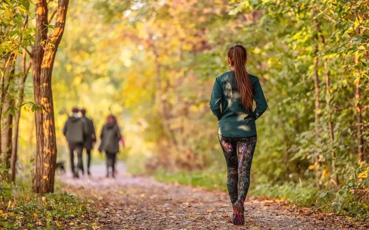 Frau geht auf einem herbstlichen Waldweg, eine Anleitung zur Gehmeditation. Im Hintergrund spazieren weitere Personen.