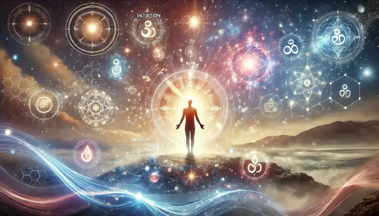 Mensch im Lichtkreis, umgeben von Symbolen und Sternen. 10 zeichen, dass du eine spirituelle gabe hast, leuchten um ihn herum.