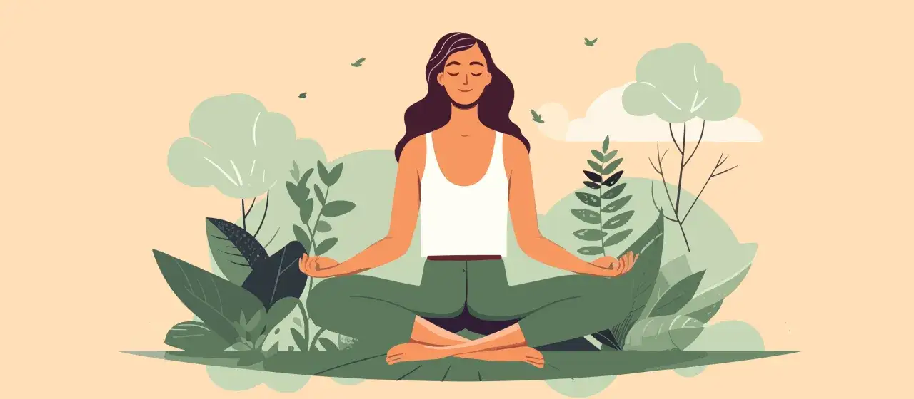 Frau in Lotusposition, umgeben von gr&uuml;ner Natur. Ein friedlicher Moment der Meditation, inspiriert von einem Meditationstext.