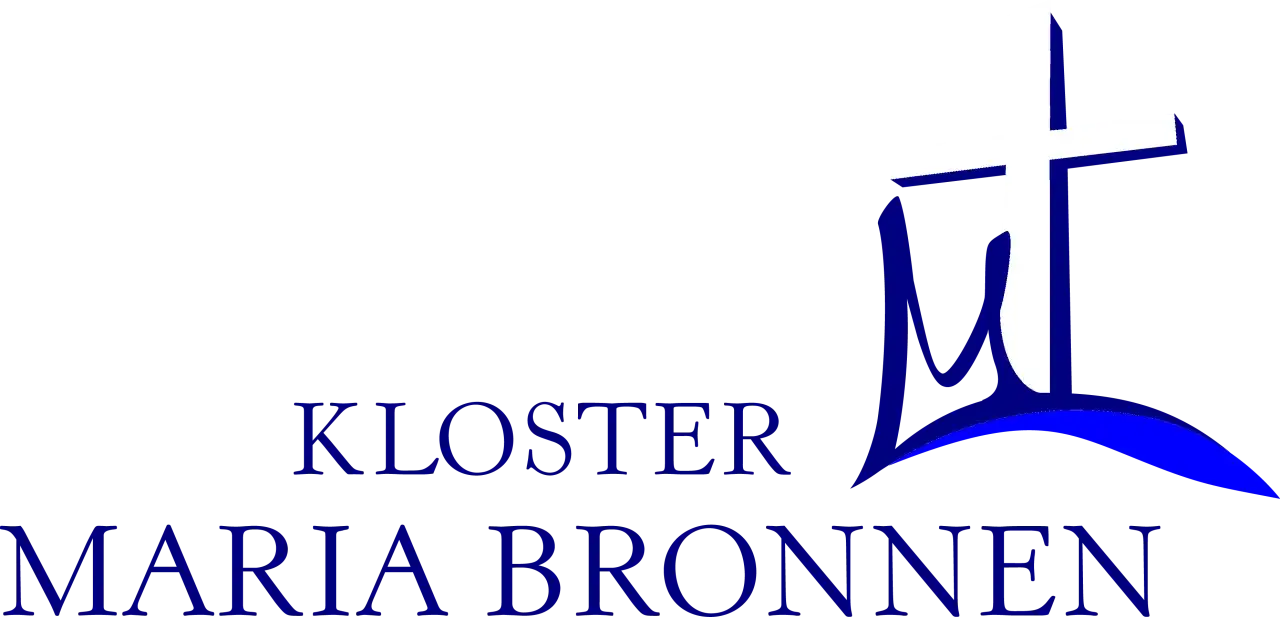 Logo des Klosters Maria Bronnen mit Kreuz und blauem Schriftzug.