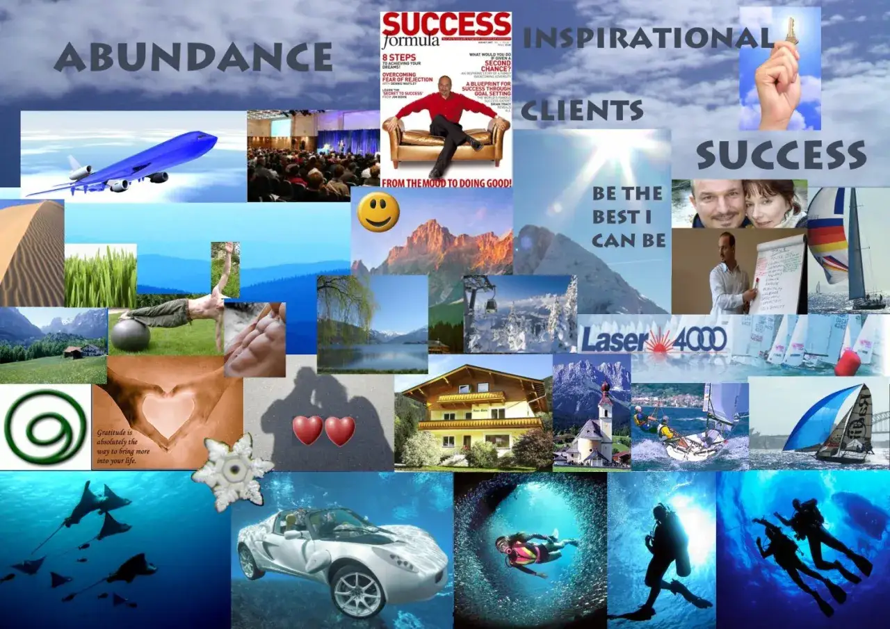 Collage mit Flugzeug, Berglandschaften, Segelbooten, Tauchern und dem Motto: lebe deinen Traum.