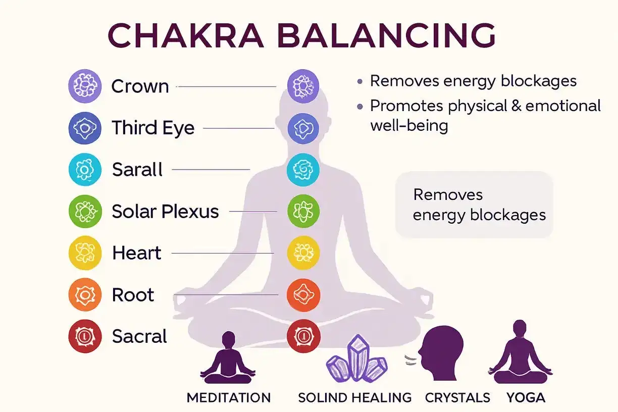 Chakra Balancing: Eine Illustration zeigt die sieben Chakren, von der Krone bis zum Sakral, mit Symbolen und Farben. Sie f&ouml;rdert die Energieblockadenl&ouml;sung durch Meditation und Yoga.