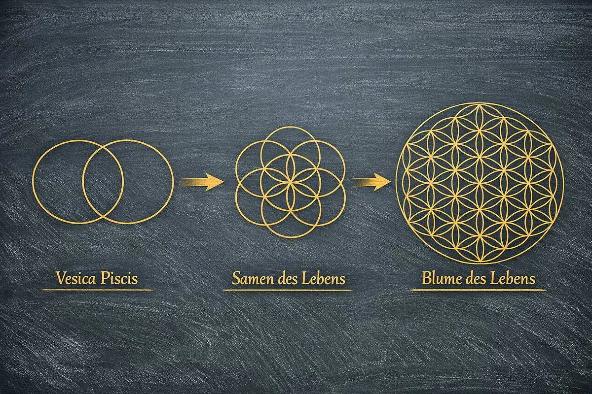 Die Entwicklung der Blume des Lebens aus christlicher Sicht: Von der Vesica Piscis &uuml;ber den Samen des Lebens zur vollst&auml;ndigen Blume.
