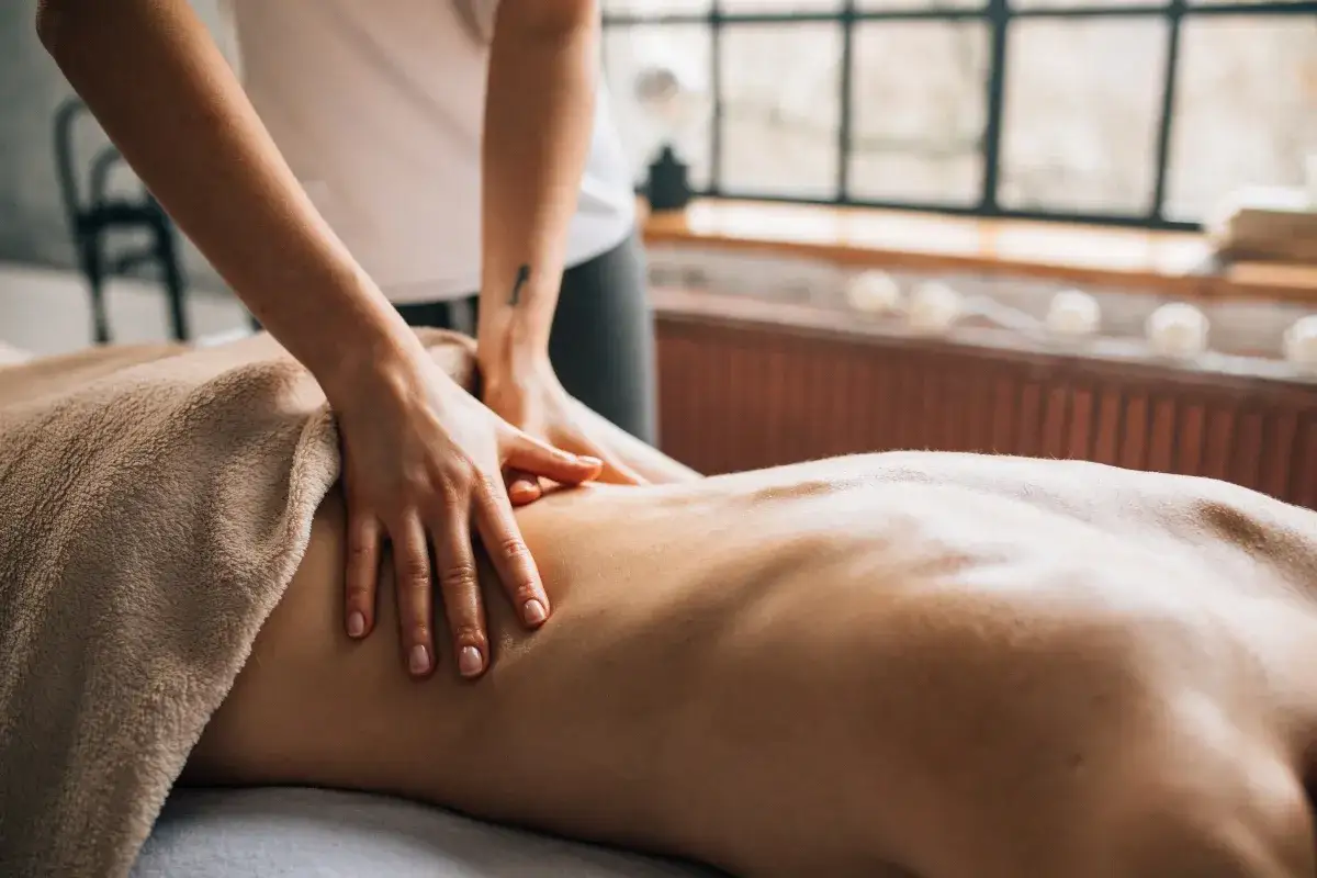 H&auml;nde f&uuml;hren eine wohltuende ayurveda abhyanga massage am R&uuml;cken aus. Entspannung pur.