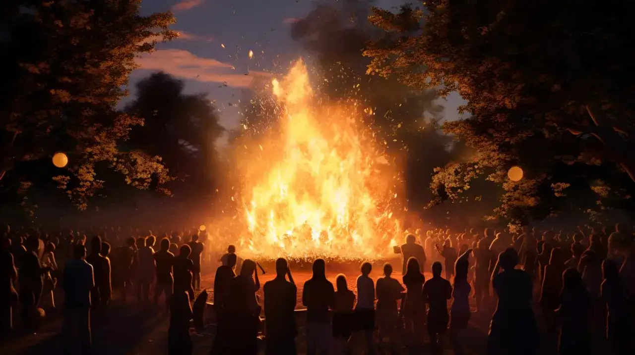 Menschen versammeln sich, um die Sommersonnenwende zu feiern. Ein riesiger, lodernder Scheiterhaufen erhellt die Nacht, w&auml;hrend Funken in den Himmel steigen.