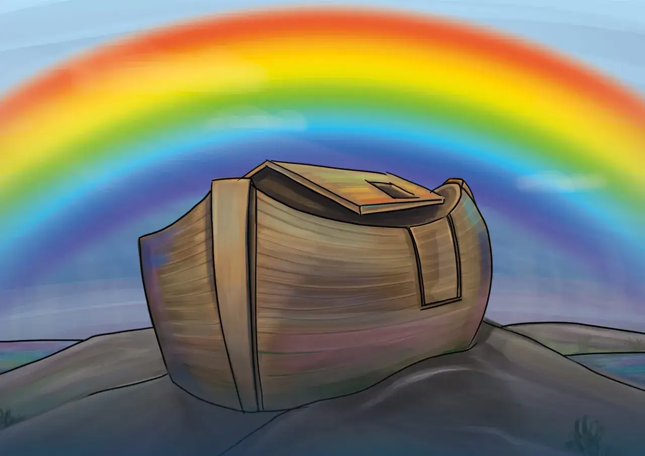 Noahs Arche ruht auf einem H&uuml;gel unter einem strahlenden Regenbogen, ein Zeichen des Bundes mit dem regenbogen gott.