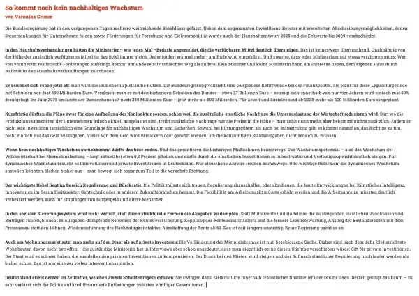 Ein Text über nachhaltiges Wachstum, der die aktuelle Finanzpolitik und die Notwendigkeit von Reformen beleuchtet.
