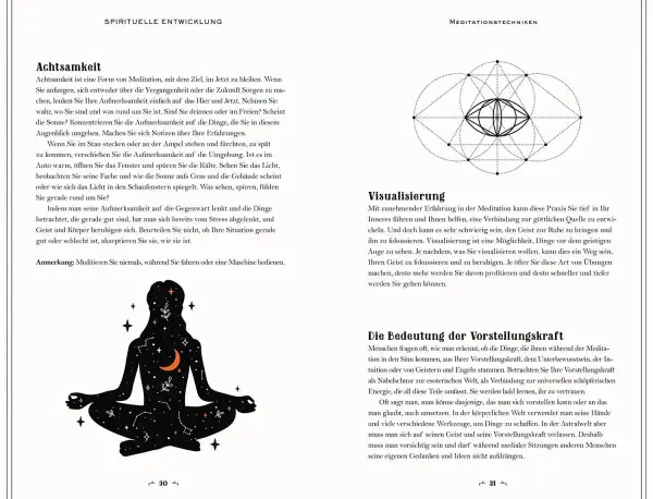 Eine stilisierte Figur in Meditation, umgeben von Sternen und Mond. Eine spirituelle Botschaft des Tages, die zur Achtsamkeit aufruft.