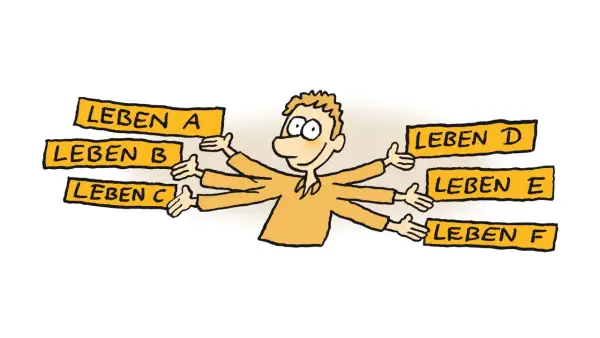 Ein Mann mit vielen Armen versucht, sechs verschiedene Leben (A-F) gleichzeitig zu umarmen. Er will mehr vom Leben, aber wie soll er sich entscheiden?
