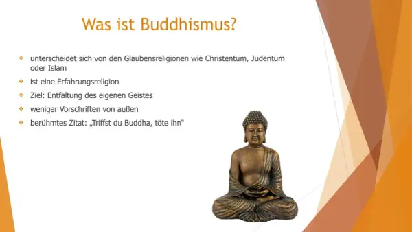 Eine Buddha-Statue und Stichpunkte, die erklären, wie leben Buddhisten: Erfahrungsreligion, Geistentwicklung, wenige äußere Vorschriften.