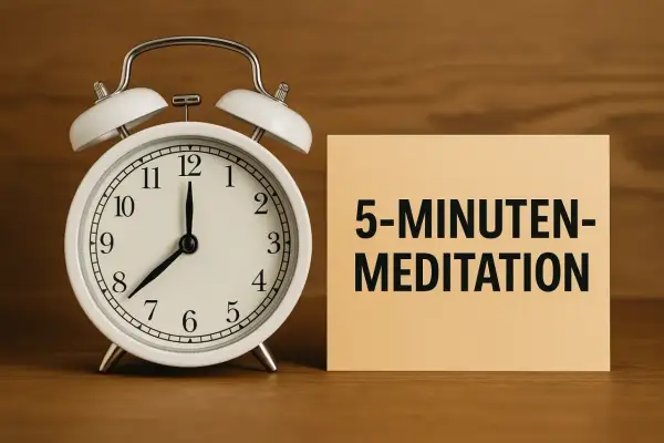 Ein Wecker zeigt 8 Uhr. Daneben liegt ein Zettel mit "5-MINUTEN-MEDITATION". So einfach kann es sein, wie meditiert man.