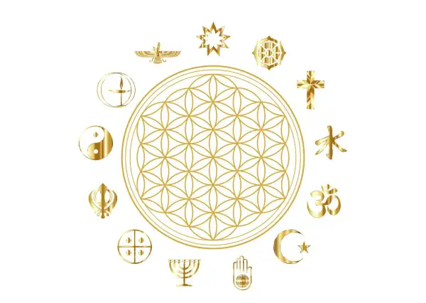 Goldene Blume des Lebens umgeben von religiösen Symbolen. Aus christlicher Sicht symbolisiert sie die göttliche Schöpfung und Einheit.