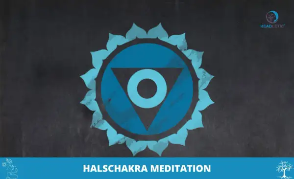 Blaues Halschakra-Symbol mit indischen Mantras für Meditation.