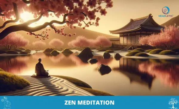 Eine Person praktiziert Zazen Meditation an einem ruhigen Teich mit Kirschblütenbäumen und einem traditionellen japanischen Gebäude.