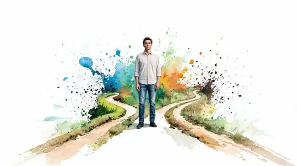 Ein Mann steht an einer Weggabelung, umgeben von farbenfrohen Aquarellspritzern. Er fragt sich: "Wer bin ich wirklich spirituell?