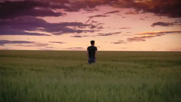 Ein Mann steht in einem weiten Feld, blickt in den dramatischen Himmel. Ein Moment der stillen, **contemplative deutsch** Reflexion.