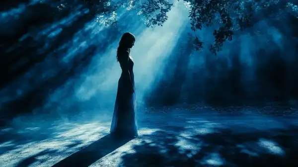 Eine Frau im langen Kleid steht im Mondlicht, umgeben von Nebel. Ihre Silhouette spiegelt die tiefe **Angst abgelehnt zu werden** wider, während Lichtstrahlen durch die Bäume fallen.