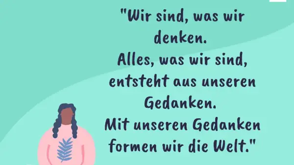 Illustration mit inspirierenden Zitaten über Selbstbewusstsein. Eine Person mit geflochtenen Haaren trägt einen Pullover mit Blattmuster.