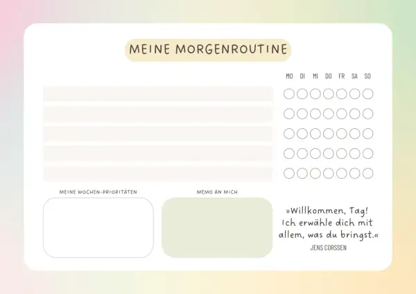Planer für die morgendliche Routine mit Platz für tägliche Aufgaben, Wochenprioritäten und einem inspirierenden Zitat.